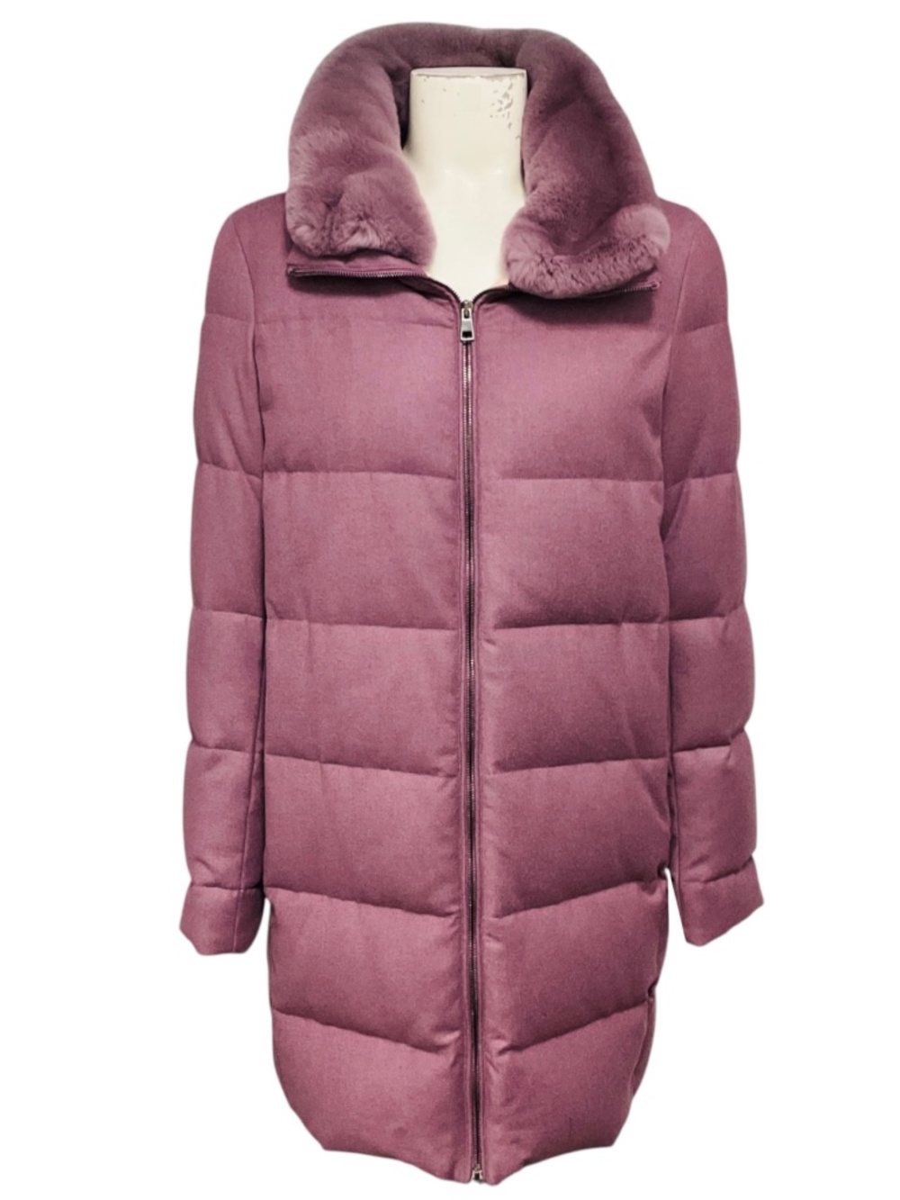 AMINA RUBINACCI MAUVE DELIA QUILTED ZIP FRONT DOWN PUFFER COAT WITH FUR COLLAR